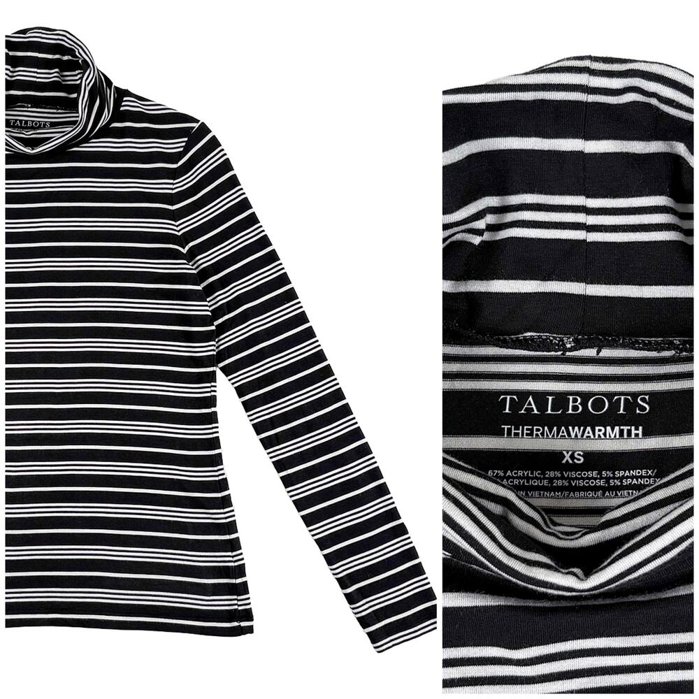Talbots Thermawarm Turtleneck Women XS Striped Black White Cozy Layering Classic